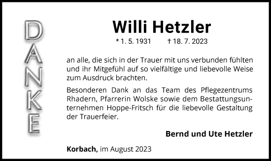 Traueranzeige von Willi Hetzler von WLZ