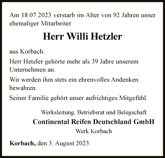 Traueranzeige von Willi Hetzler von WLZ