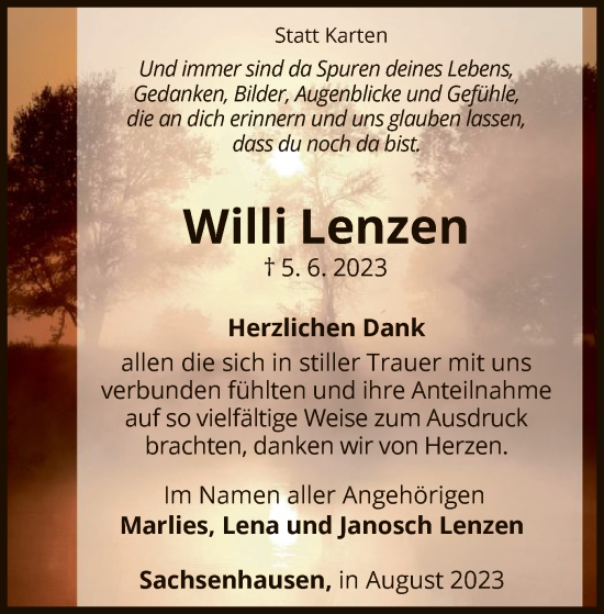 Traueranzeige von Willi Lenzen von WLZ