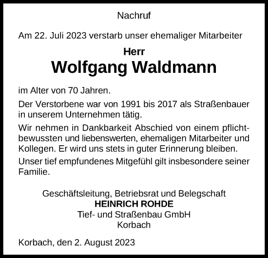 Traueranzeige von Wolfgang Waldmann von WLZ