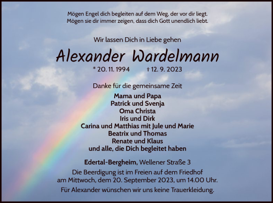 Traueranzeige von Alexander Wardelmann von WLZ