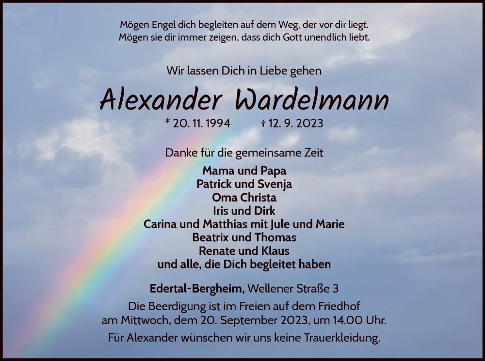  Traueranzeige für Alexander Wardelmann vom 16.09.2023 aus WLZ