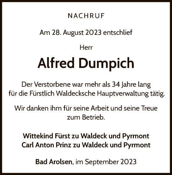 Traueranzeige von Alfred Dumpich von WLZ