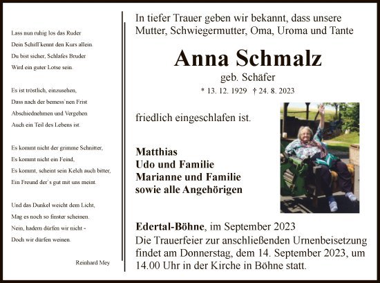 Traueranzeige von Anna Schmalz von WLZ