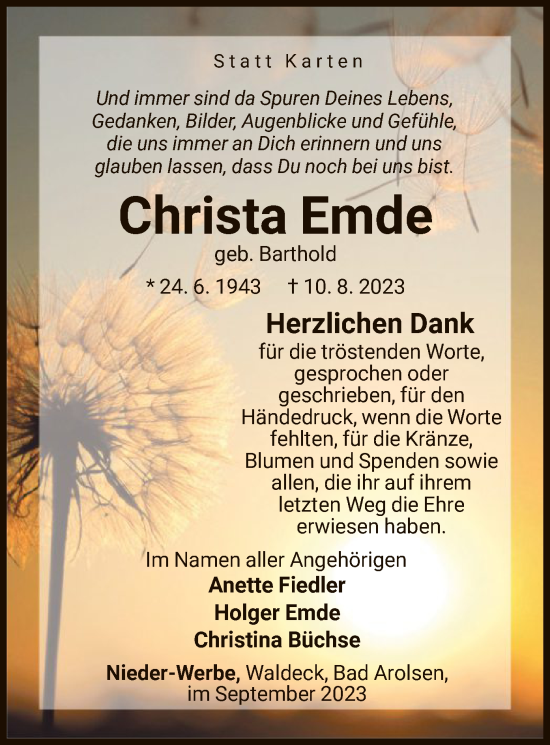 Traueranzeige von Christa Emde von WLZ