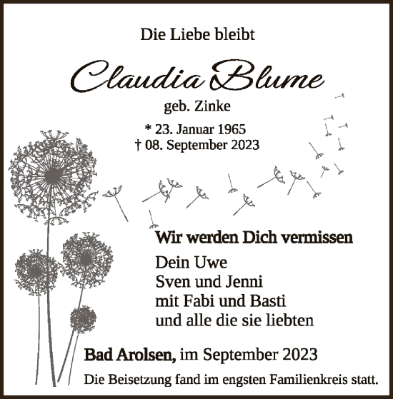 Traueranzeige von Claudia Blume von WLZ