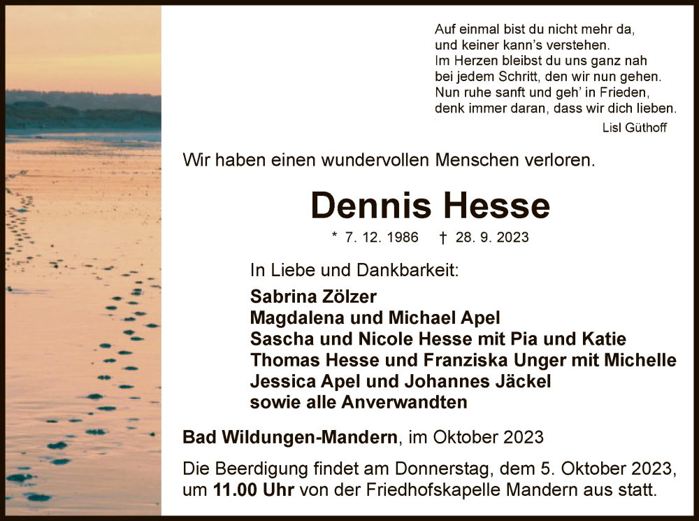  Traueranzeige für Dennis Hesse vom 30.09.2023 aus WLZ