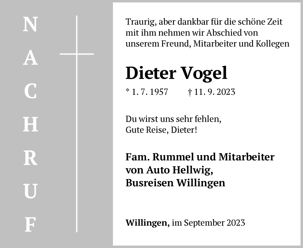  Traueranzeige für Dieter Vogel vom 20.09.2023 aus WLZ