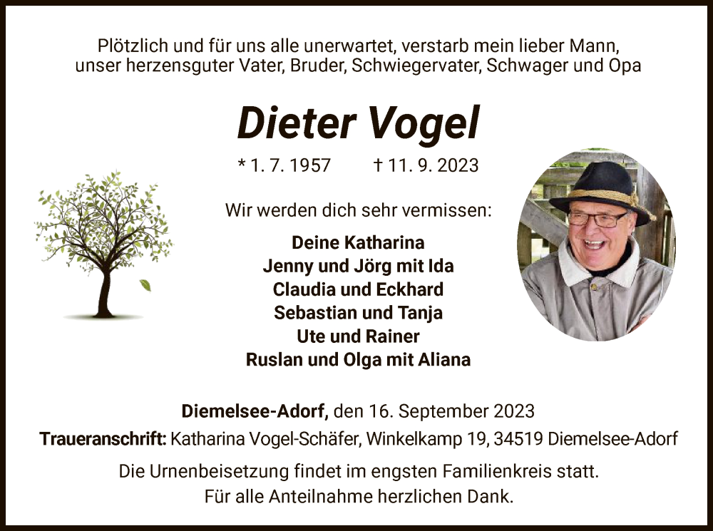  Traueranzeige für Dieter Vogel vom 16.09.2023 aus WLZ