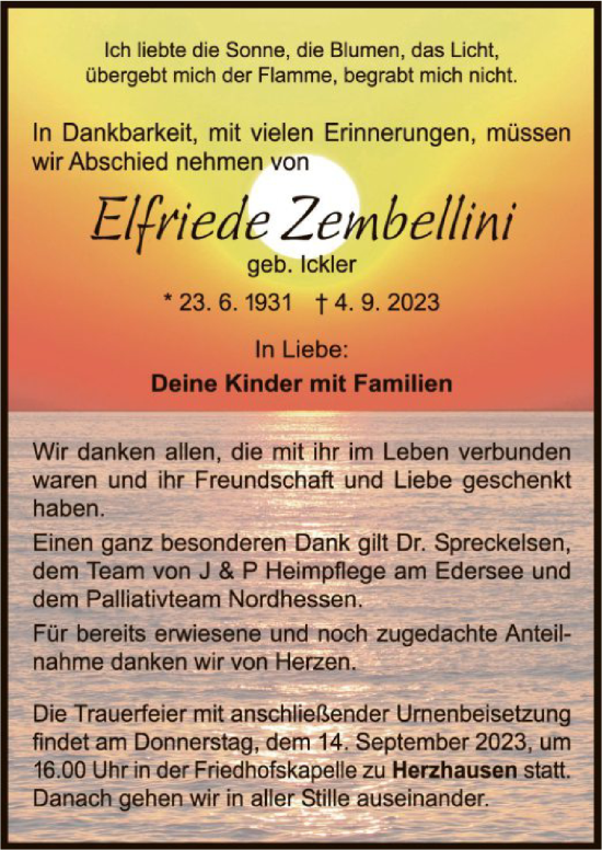 Traueranzeige von Elfriede Zembellini von WLZ