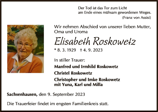 Traueranzeige von Elisabeth Roskowetz von WLZ