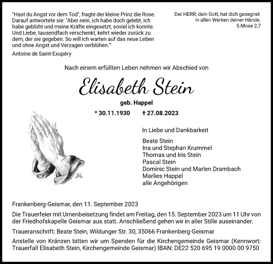 Traueranzeige von Elisabeth Stein von HNAWLZ