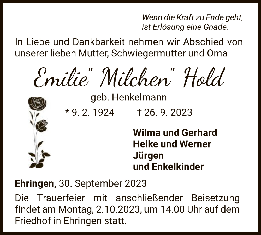  Traueranzeige für Emilie Hold vom 30.09.2023 aus WLZHNA