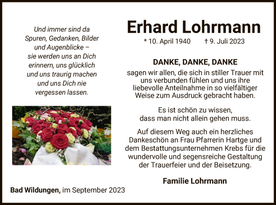 Traueranzeige von Erhard Lohrmann von WLZ