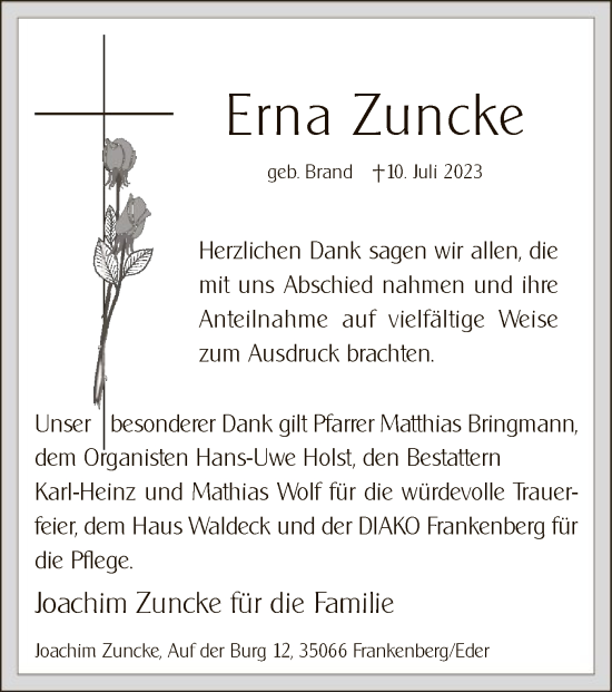 Traueranzeige von Erna Zuncke von WLZ