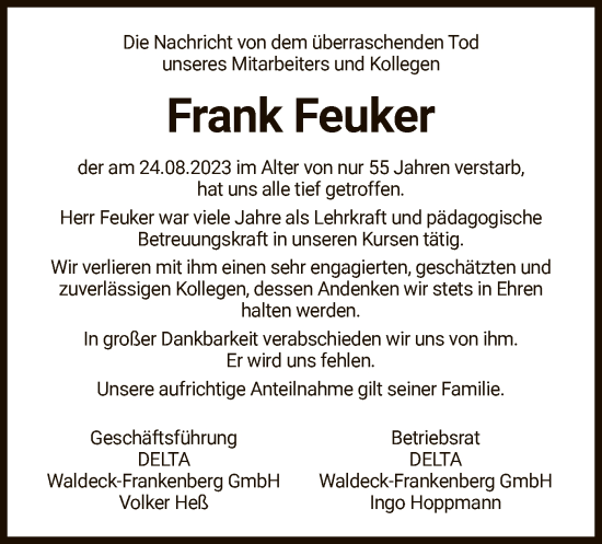 Traueranzeige von Frank Feuker von WLZ