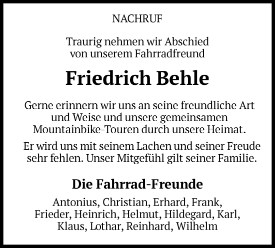 Traueranzeige von Friedrich Behle von WLZ