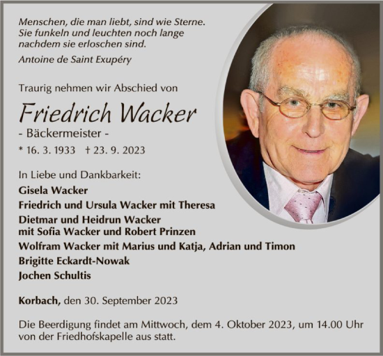 Traueranzeige von Friedrich Wacker von WLZ