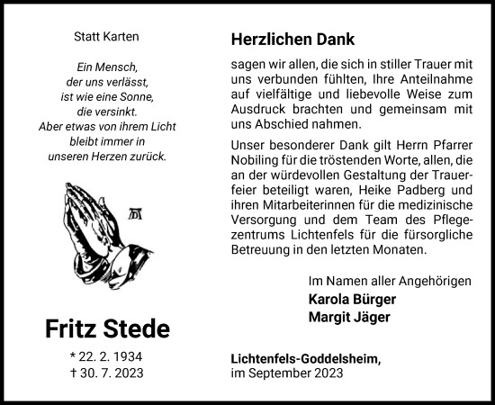 Traueranzeige von Fritz Stede von WLZ