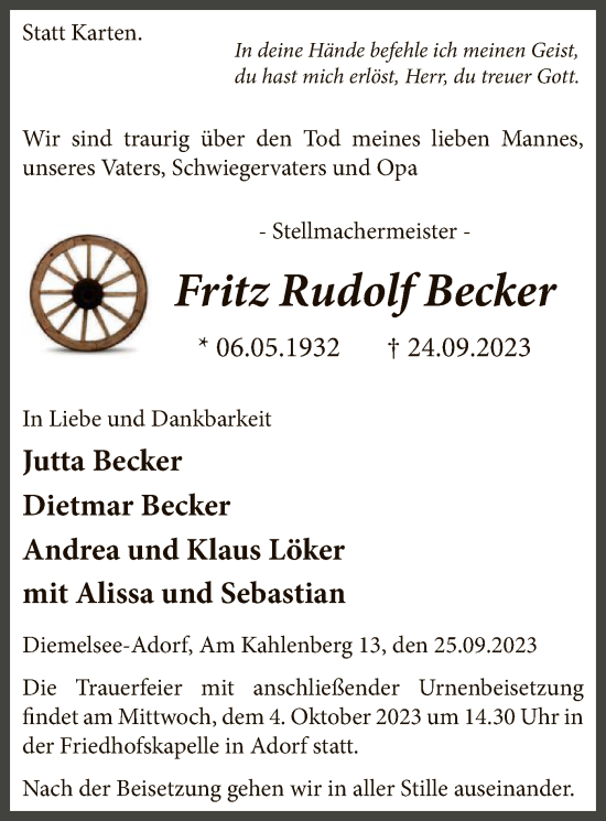 Traueranzeige von Fritz Rudolf Becker von WLZ