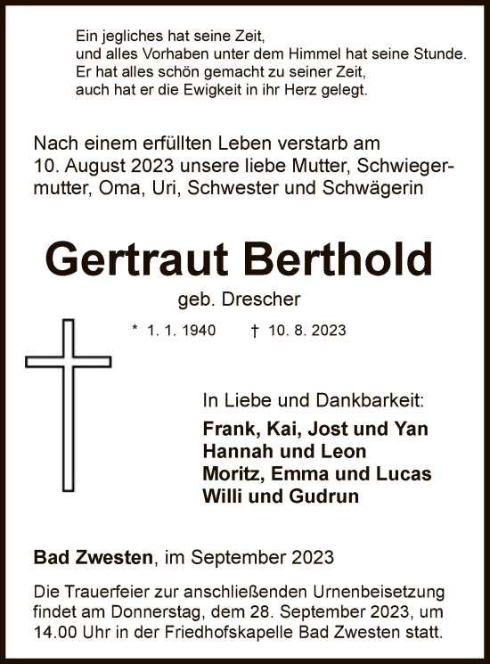 Traueranzeige von Gertraut Berthold von WLZHNA