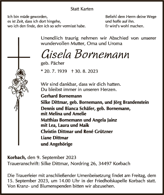Traueranzeige von Gisela Bornemann von WLZ