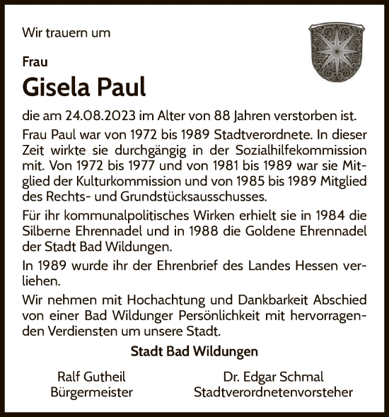 Traueranzeige von Gisela Paul von WLZ