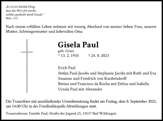 Traueranzeige von Gisela Paul von WLZ