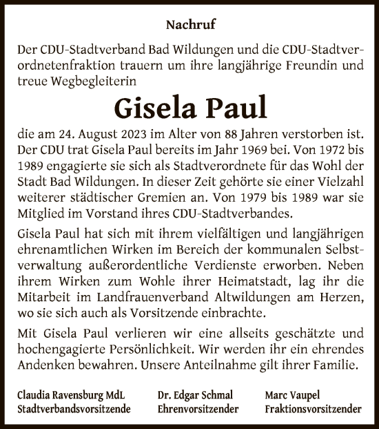Traueranzeige von Gisela Paul von WLZ