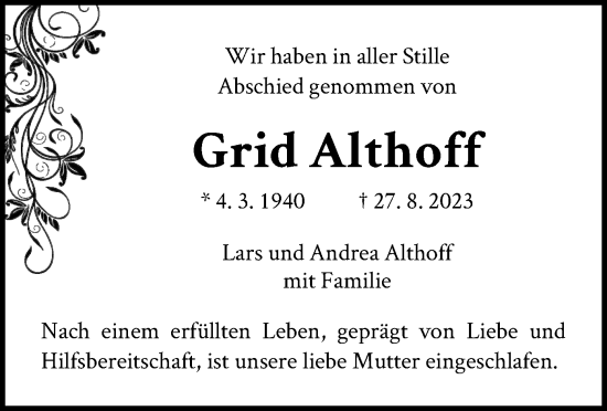 Traueranzeige von Grid Althoff von WLZ