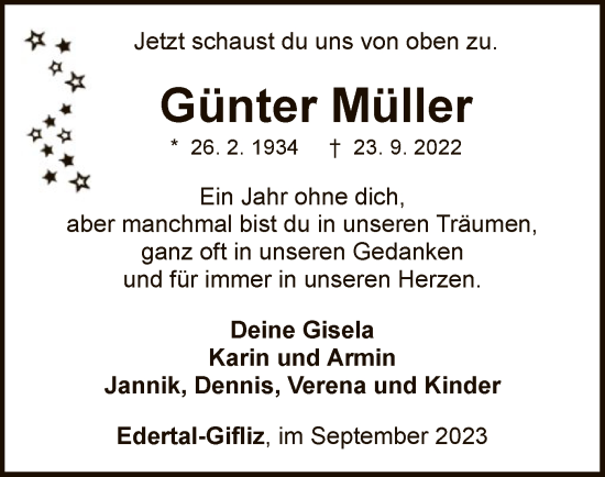 Traueranzeige von Günter Müller von WLZ