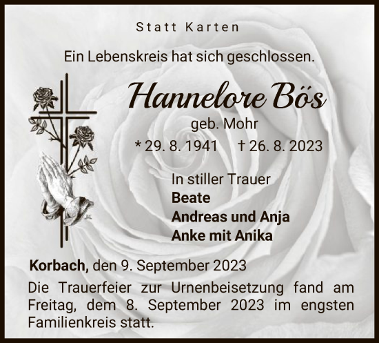 Traueranzeige von Hannelore Bös von WLZ