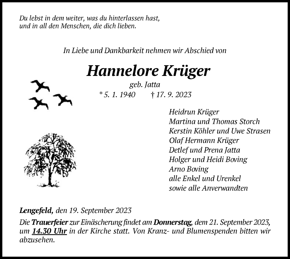  Traueranzeige für Hannelore Krüger vom 19.09.2023 aus WLZ