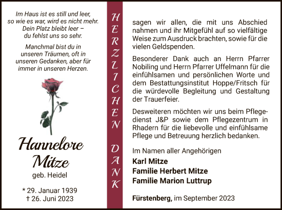 Traueranzeige von Hannelore Mitze von WLZ