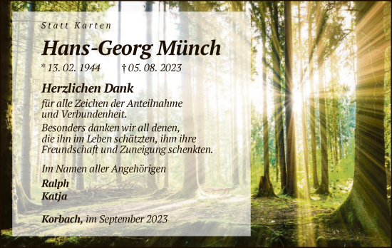 Traueranzeige von Hans-Georg Münch von WLZ