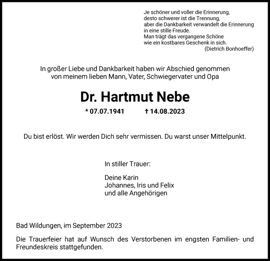 Traueranzeige von Hartmut Nebe von WLZHNAHNA