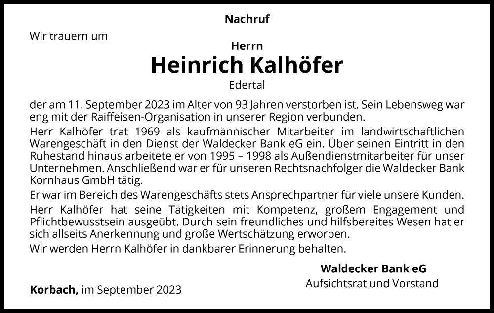  Traueranzeige für Heinrich Kalhöfer vom 23.09.2023 aus WLZ