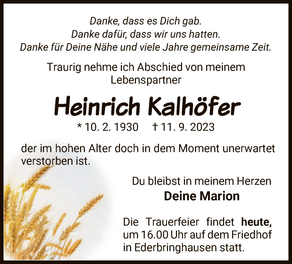  Traueranzeige für Heinrich Kalhöfer vom 16.09.2023 aus WLZ