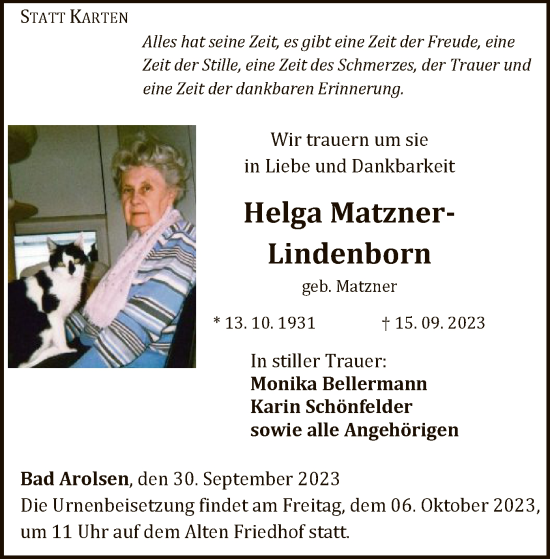 Traueranzeige von Helga Matzner-Lindenborn von WLZ