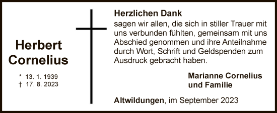 Traueranzeige von Herbert Cornelius von WLZ