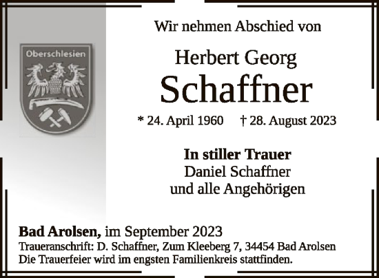 Traueranzeige von Herbert Georg Schaffner von WLZ