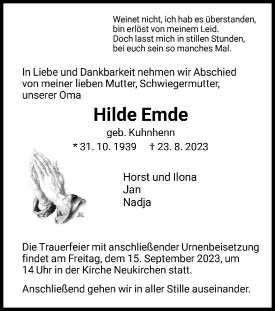 Traueranzeige von Hilde Emde von HNAWLZ