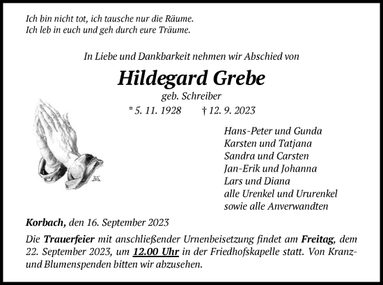 Traueranzeige von Hildegard Grebe von WLZ