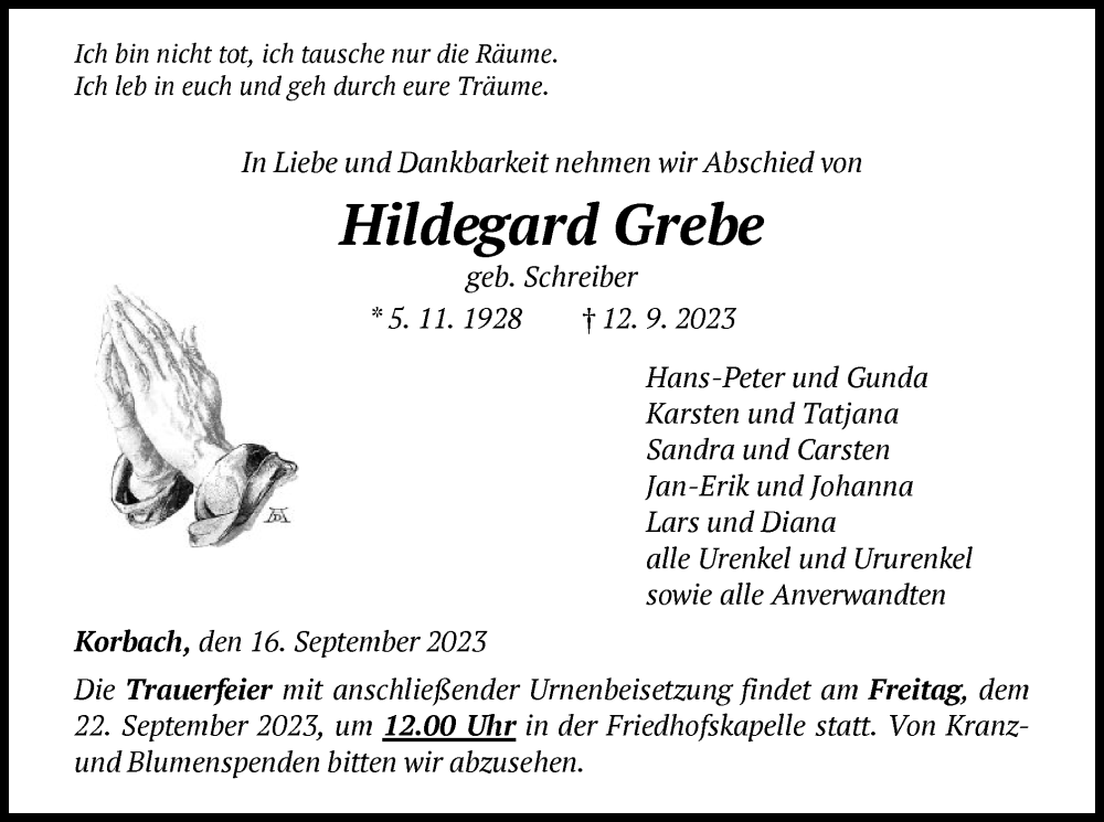  Traueranzeige für Hildegard Grebe vom 16.09.2023 aus WLZ