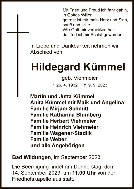 Traueranzeige von Hildegard Kümmel von WLZ