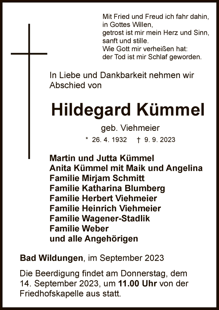  Traueranzeige für Hildegard Kümmel vom 12.09.2023 aus WLZ