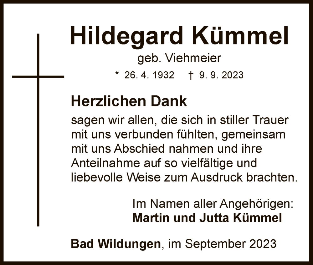  Traueranzeige für Hildegard Kümmel vom 30.09.2023 aus WLZ