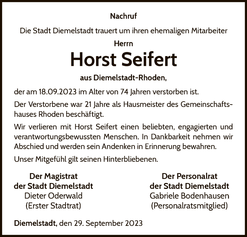  Traueranzeige für Horst Seifert vom 29.09.2023 aus WLZ