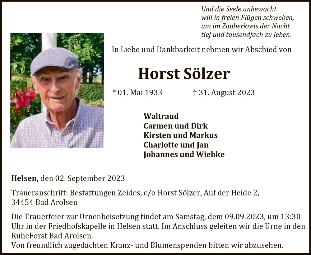  Traueranzeige für Horst Sölzer vom 02.09.2023 aus WLZ