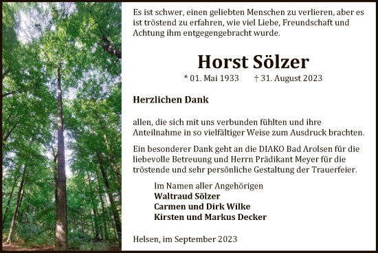 Traueranzeige von Horst Sölzer von WLZ